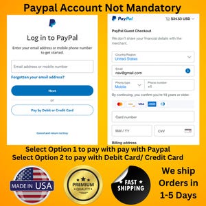 May include: Screenshot showing PayPal guest checkout and login options. Text states "Paypal Account Not Mandatory". Payment options include PayPal or debit/credit card. Includes "Made in USA" and "Premium Quality" badges.