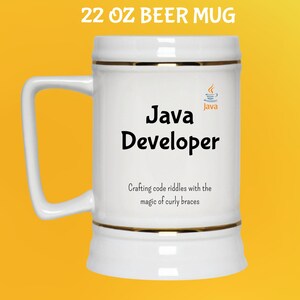 May include: A white 650 ml beer mug with gold trim, featuring the words "Java Developer" in black. The mug also includes the text "Crafting code riddles with the magic of curly braces" and a Java logo.