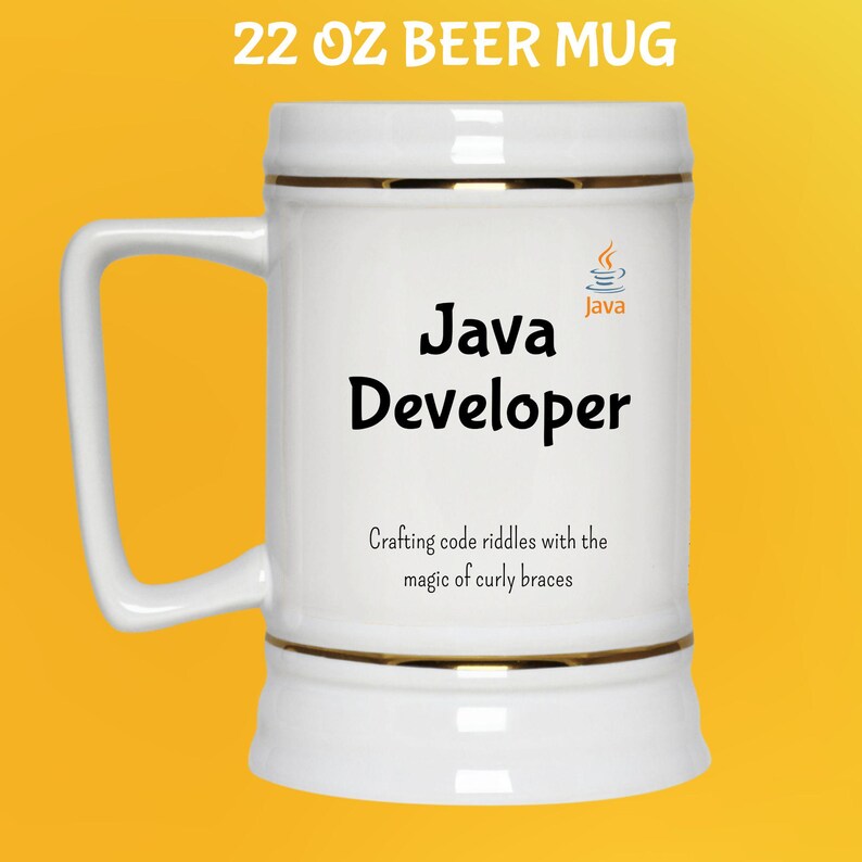 May include: A white 650 ml beer mug with gold trim, featuring the words "Java Developer" in black. The mug also includes the text "Crafting code riddles with the magic of curly braces" and a Java logo.