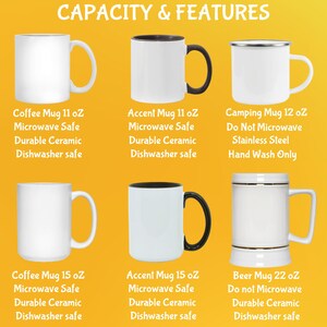 May include: Six mugs of various designs and sizes are displayed, including ceramic and stainless steel options. The mugs include white, black-accented, and a camping mug with a silver rim. Text indicates microwave and dishwasher safety for most mugs.