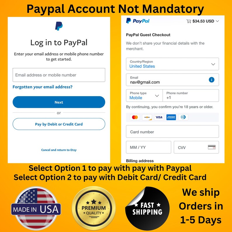 Op de afbeelding: Schermafbeelding met PayPal- en debit/creditcard betalingsopties. De tekst luidt "Paypal Account Not Mandatory". Er worden instructies gegeven voor het inloggen op PayPal of het gebruik van gastafrekenen. Inclusief "Made in USA" en "Premium Quality" badges.