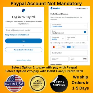 May include: Screenshot of a PayPal guest checkout and login screen. The text reads "Paypal Account Not Mandatory". Options include paying with PayPal or a debit/credit card. Includes "Made in USA" and "Premium Quality" badges.
