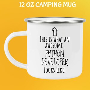 Op de afbeelding: Witte 355 ml campingmok met zilveren rand en handvat. De mok heeft de tekst "THIS IS WHAT AN AWESOME PYTHON DEVELOPER LOOKS LIKE!" in zwart, met een pijl omhoog.
