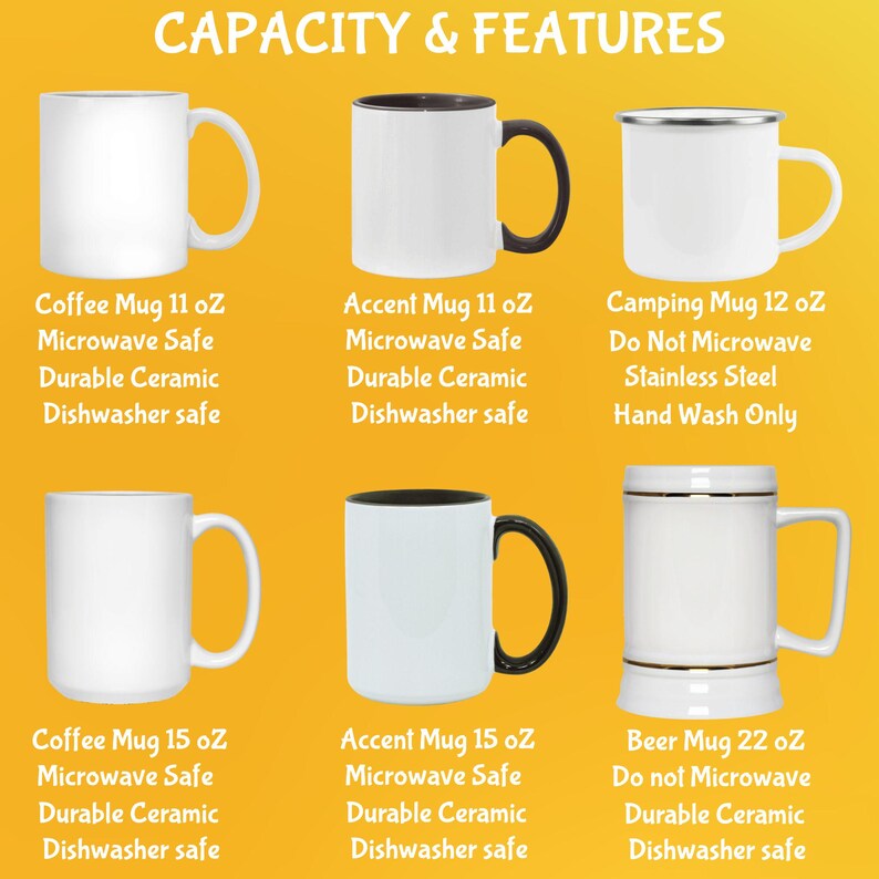 May include: A collection of six different ceramic mugs and a stainless steel camping mug. The mugs vary in size and design, including white, black-accented, and a silver-rimmed camping mug. Text on the image indicates microwave and dishwasher safety for most mugs.