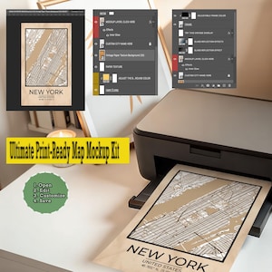 May include: A black and white printer printing a map of New York City. The map is beige with black lines and the text "NEW YORK" at the bottom. The image also shows a mockup kit with instructions: Open, Edit, Customize, and Save.