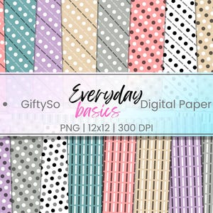Pastel Essentials Digital Paper Pack, Seamless Polka Dots Patterns, Cute Geometric Dashes Stripes Background, Basic Mix Match PNG Bundle