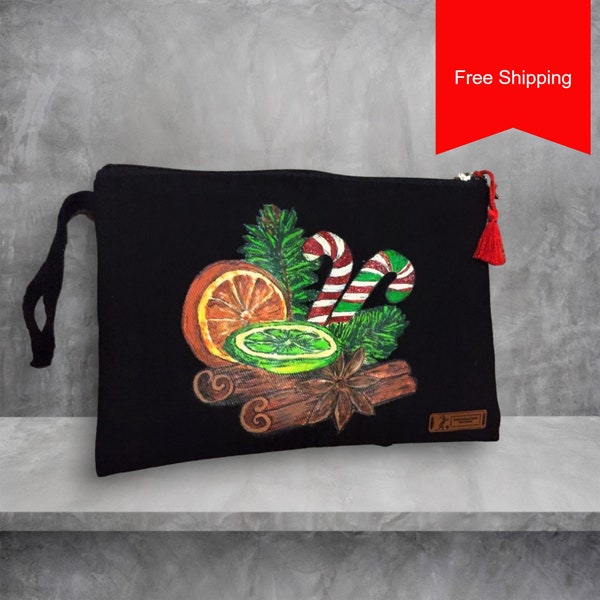 Christmas Pouch with Zipper|Handpainted|Christmas Gift|Custom Clutch Bag|Dice Bag|Personalized Clutch|Reusable|New Year Gift Bag|Quirky Gift