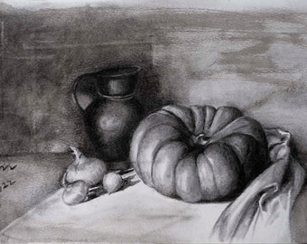 Still life with pumpkin. Charcoal and graphite pencil on paper. Charcoal drawing. Pumpkin drawing. Classical realism.