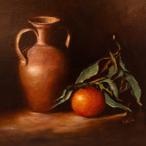 May include: A still life painting of a terracotta vase with a single orange on a branch with green leaves. The background is a dark brown.