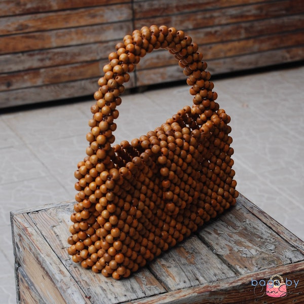 Natürliche Holz Perlen Tasche, Holz Handtasche, Handgemachte Sommer Tasche, Perlen Handtasche, Hölzern Top Griff Tasche