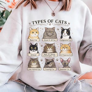 Camiseta colorida con estampado de gatos, tipos de gatos, regalo divertido para el Día de la Madre para amantes de los gatos, camiseta de regalo para amantes de los gatos, regalo retro para amantes de los gatos, camiseta divertida con meme de gatos