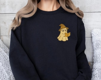 Embroidered Ghost Reading Sweatshirt,Cute Halloween Crewneck,Cozy Fall Bookish,Spooky Season Embroidery Sweater,Cute Spooky Ghost Sweatshirt