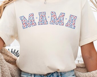USA Mama T-Shirt, 4th of July T-Shirt, American Mama t-shirt, Retro USA Shirt, Retro Mama America tee, USA Shirt, American Mama floral shirt