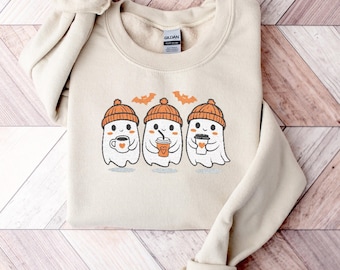 Sweatshirt Halloween Embroidered, Cute Ghost Coffee Sweatshirt, Coffee Lovers Halloween Sweatshirt, Spooky Season Coffee Lover Hoodie, Ghost