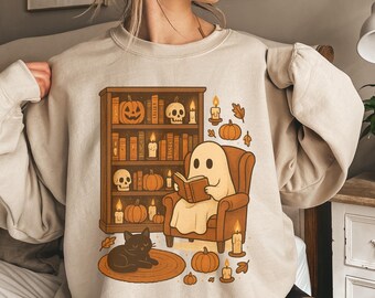 Spooky Ghost Reader,Retro Ghost Reading Books Sweatshirt,Cute Halloween Teacher Shirt,Librarian Book Lover Outfit,Spooky Classroom Fall Gift