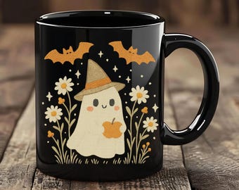 Cottage Core Halloween-Geist, gruselige Witchy Tassen für Geisterliebhaber, niedliche Cottagecore-Geist-Kaffeetasse, Halloween-Geschenkschale, Wildblumen-Geist-Becher