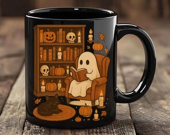 Halloween Ghost Reading Mug, Cute Spooky Book Lover Coffee Cup, Cozy Fall Ceramic Mug With Bookshelf And Pumpkins,Halloween Gift For Teacher