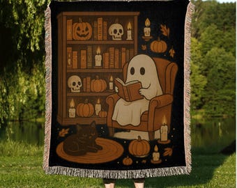 Retro Ghost Reading Books Sweatshirt, Librarian Ghost Halloween, Halloween Teacher Sweatshirt, Halloween Shirt, spooky woven blanket, spooky
