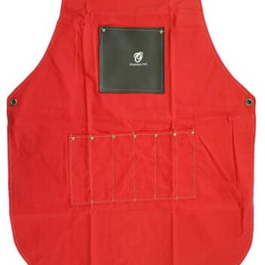 May include: Red canvas apron with a large pocket on the front and six smaller pockets below. The pocket has a black fabric patch with the text "Dauntless Tool" in white.