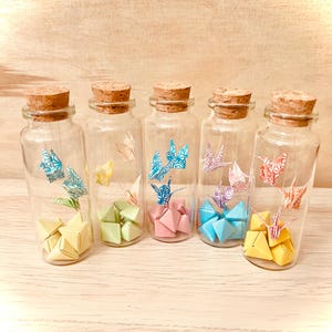 Origami crane in a glass bottle set of 5 or 3- Mini Glass Bottle //  Decoration // Anniversary Ornament//Goody bag