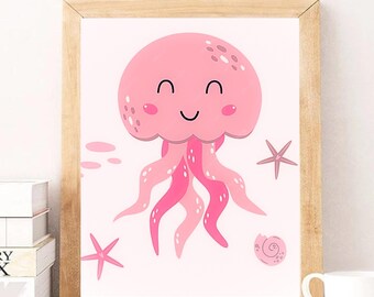 Jellyfish print - Kids room decor - CUTE Ocean creatures print - Sea friends print - kawaii prints - Nursery decor - Kids wall art - grey