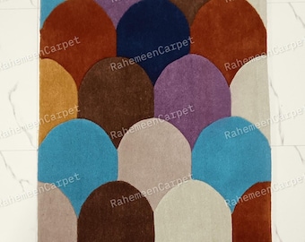 Hand-Tufted Wool Area Rug: Concentric Colorful Design Rugs for Living room