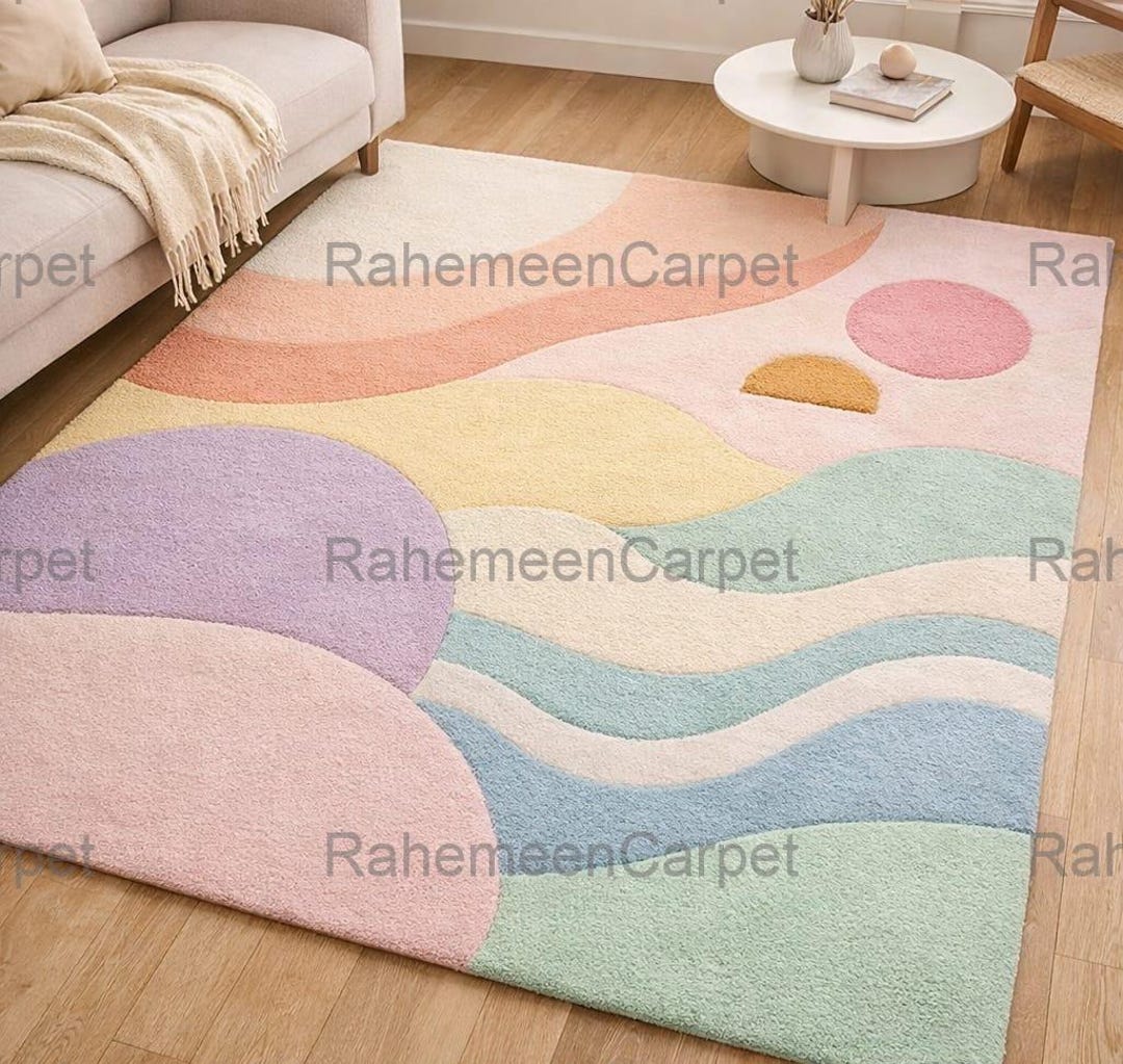 Abstract Tufted Rug, Modern Wavy Area Rug for Living Room, Colorful ...