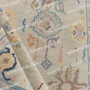 Tappeto moderno beige Oushak fatto a mano, tappeto annodato a mano, tappeti per camera da letto, soggiorno, tappeto contemporaneo Oushak pastello 9x12, 10x14, 12x15