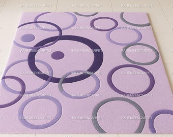 Alfombra de lana tejida a mano, diseño moderno de círculos abstractos.