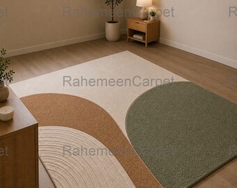 Alfombra de área tejida a mano - Alfombra abstracta moderna de mediados de siglo para sala de estar, alfombra grande bohemia verde salvia y terracota, decoración Japandi