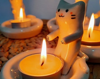 Cute Cat TeaLight Holder -  Cat Candle Holder, Handmade Home Decor, Cute Ceramic  Incence Holder, Mothersday Gift, Ceramic Studio Ghibli