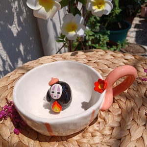 Handmade Noface with Calcifer Themed Mug, Ghibli Inspired Mug, Ceramic Coffee Cup, Kawaii Gift, Unique Design, Cute Anime Character Tea Mug