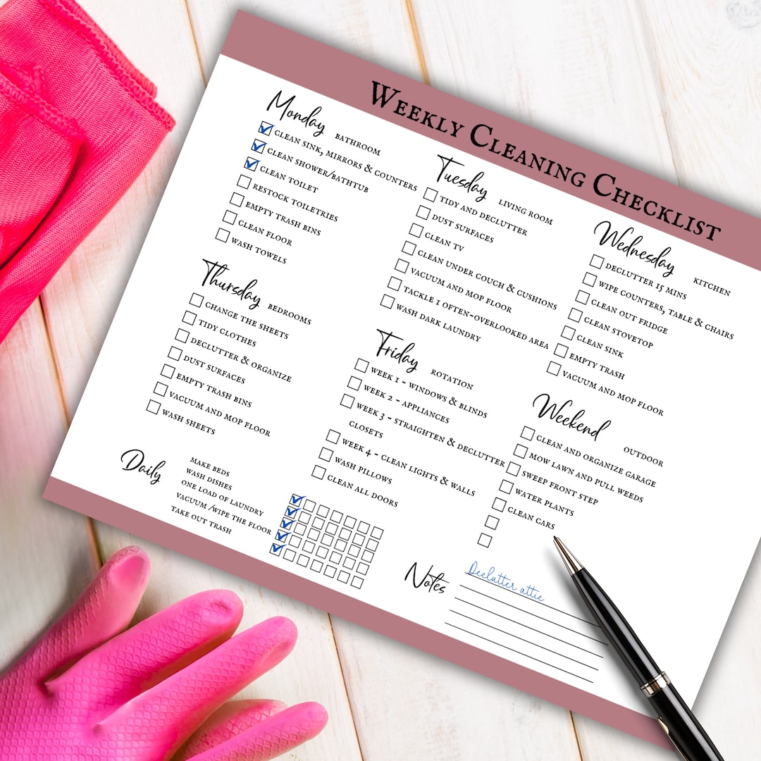 Weekly Cleaning Checklist Minimalistic Pink Design PDF Printable ...