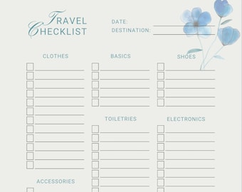 Printable Watercolor Blue Flower Travel Checklist Planner