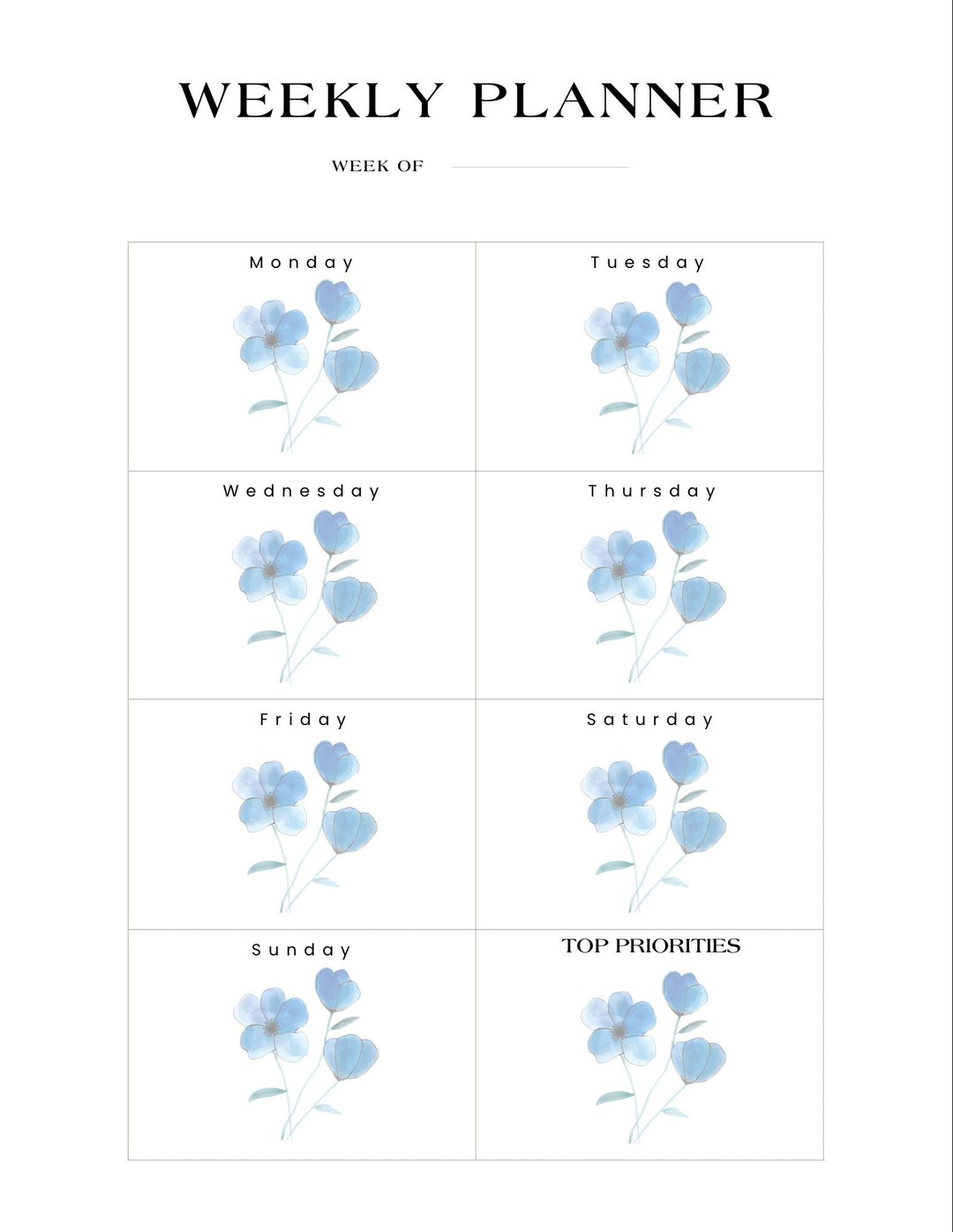 Printable Watercolor Blue Flower Weekly Schedule Planner - Etsy