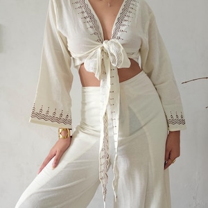 Hemp block printed wrap top and wrap trousers co-ord set