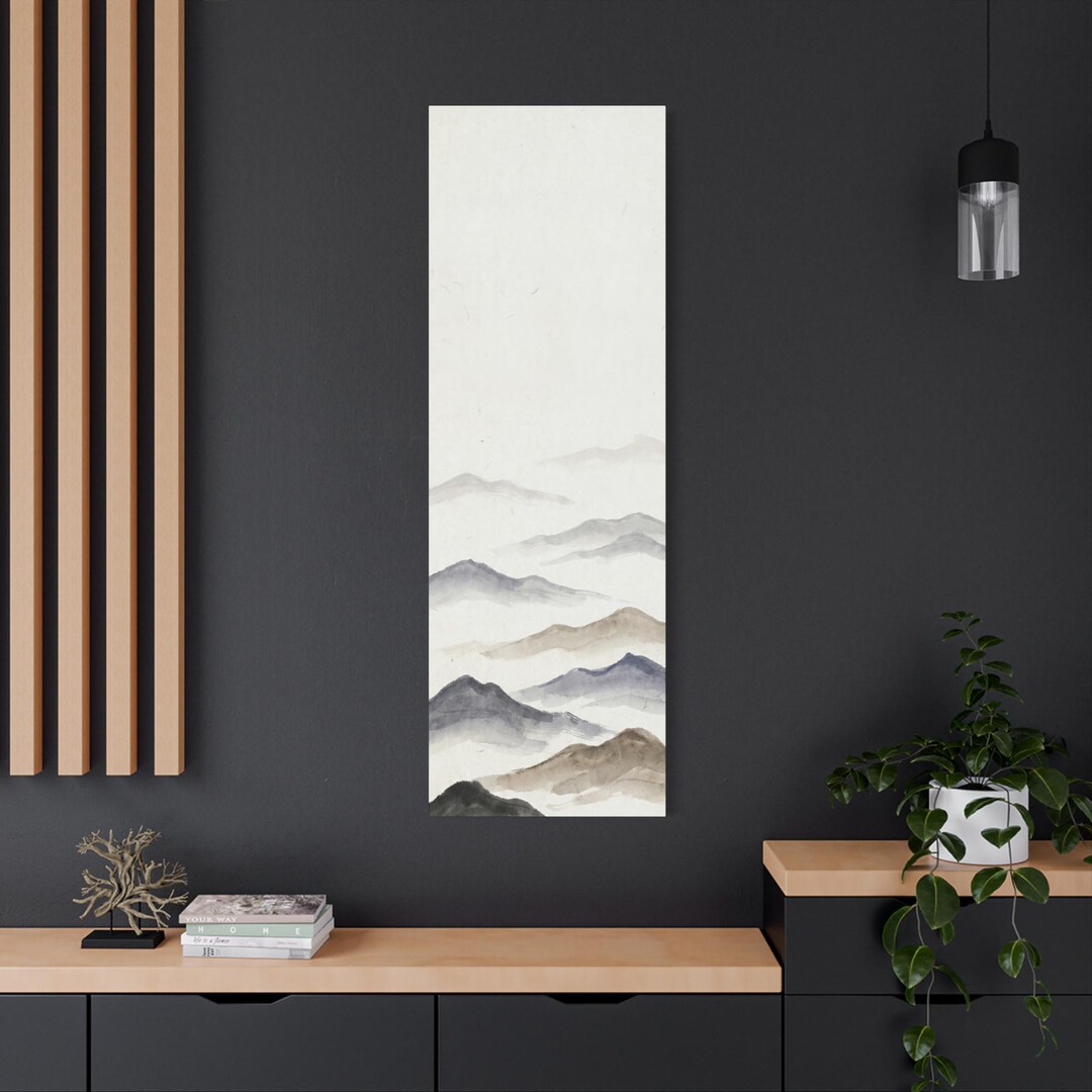 Japanese Ink Mountain Wall Art Vertical Canvas, Zen Sumi-e Landscape ...