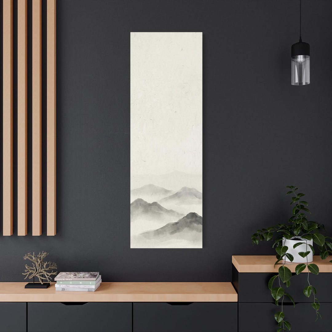 Japanese Ink Landscape Wall Art, Vertical Zen Mountain Canvas, Sumi-e ...