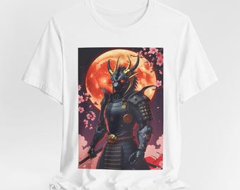 Dragon Samurai Warrior T-Shirt　Cyber Mecha Ronin in Golden Armor with Cherry Blossoms and Full Moon