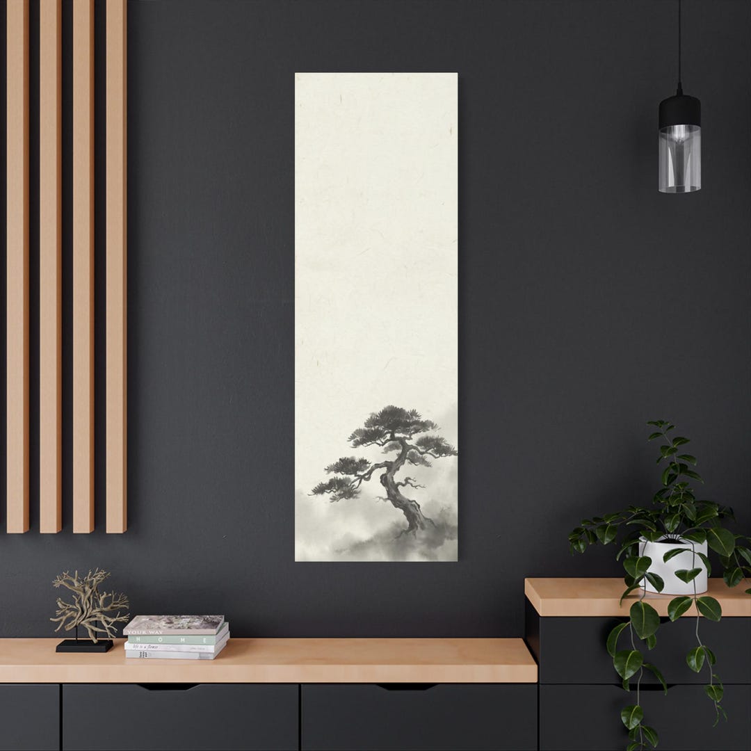 Japanese Ink Pine Tree Wall Art Vertical Canvas, Zen Sumi-e Painting ...