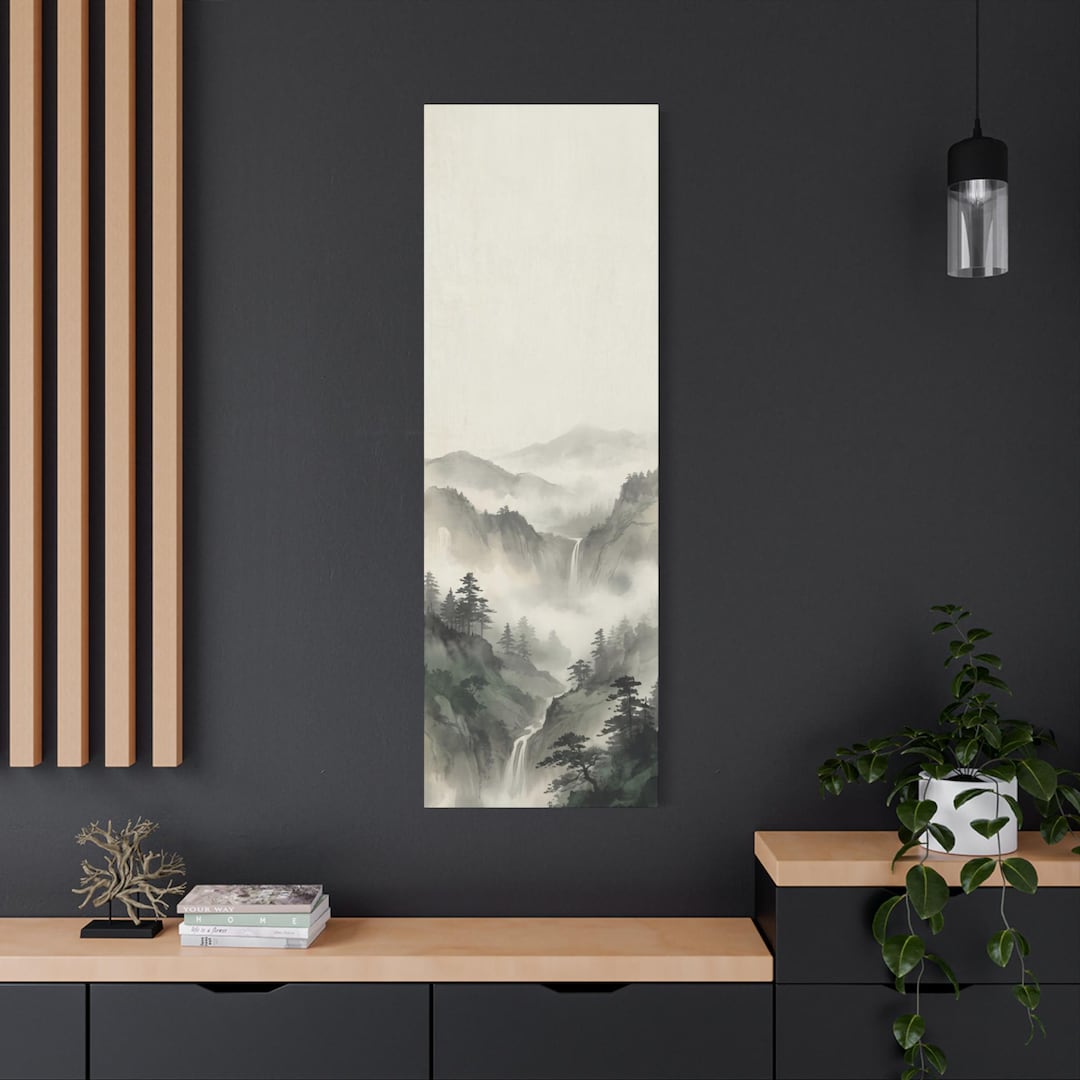 Japanese Ink Landscape Wall Art Vertical Canvas, Zen Mountain and ...