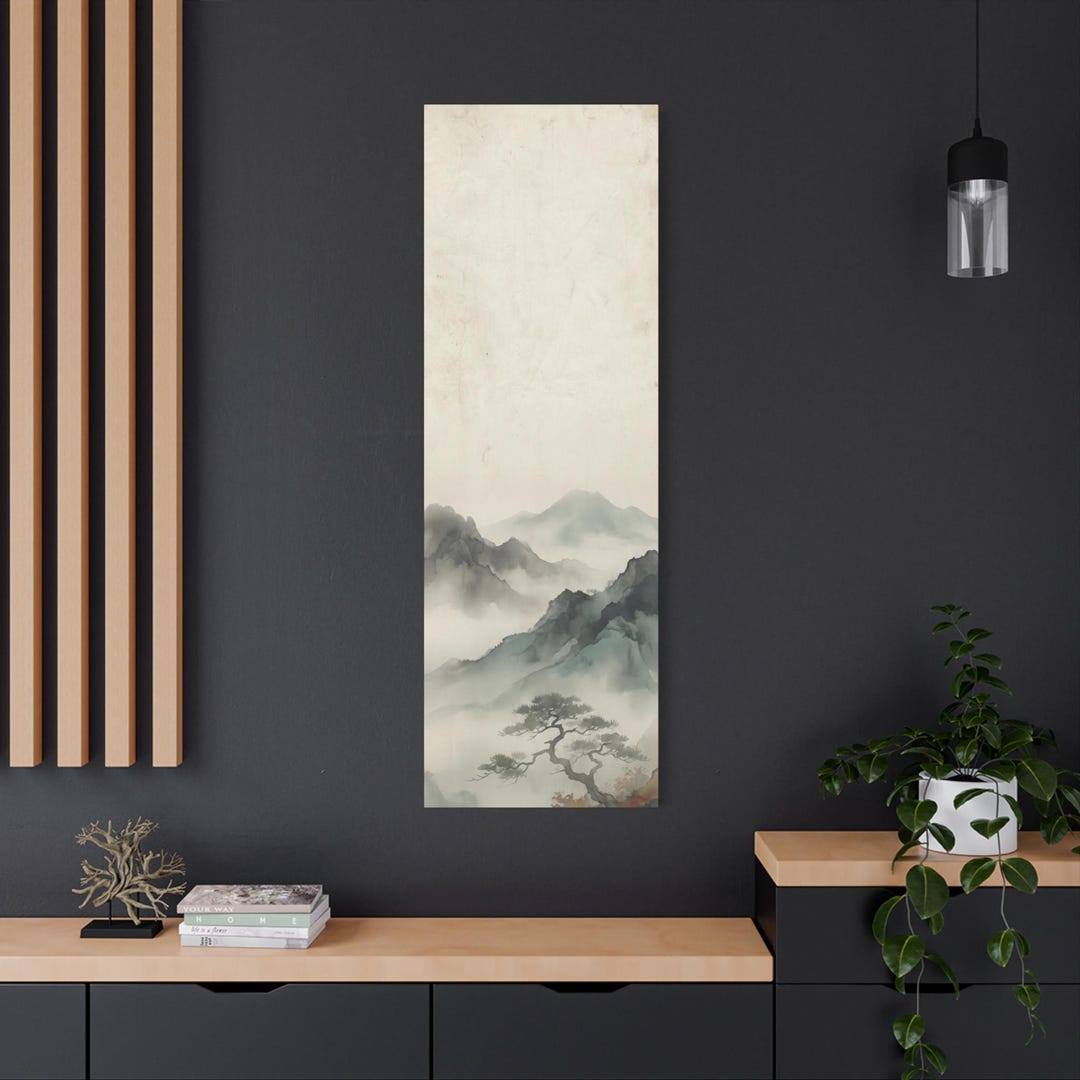 Japanese Ink Mountain Wall Art Vertical Canvas, Zen Sumi-e Landscape ...