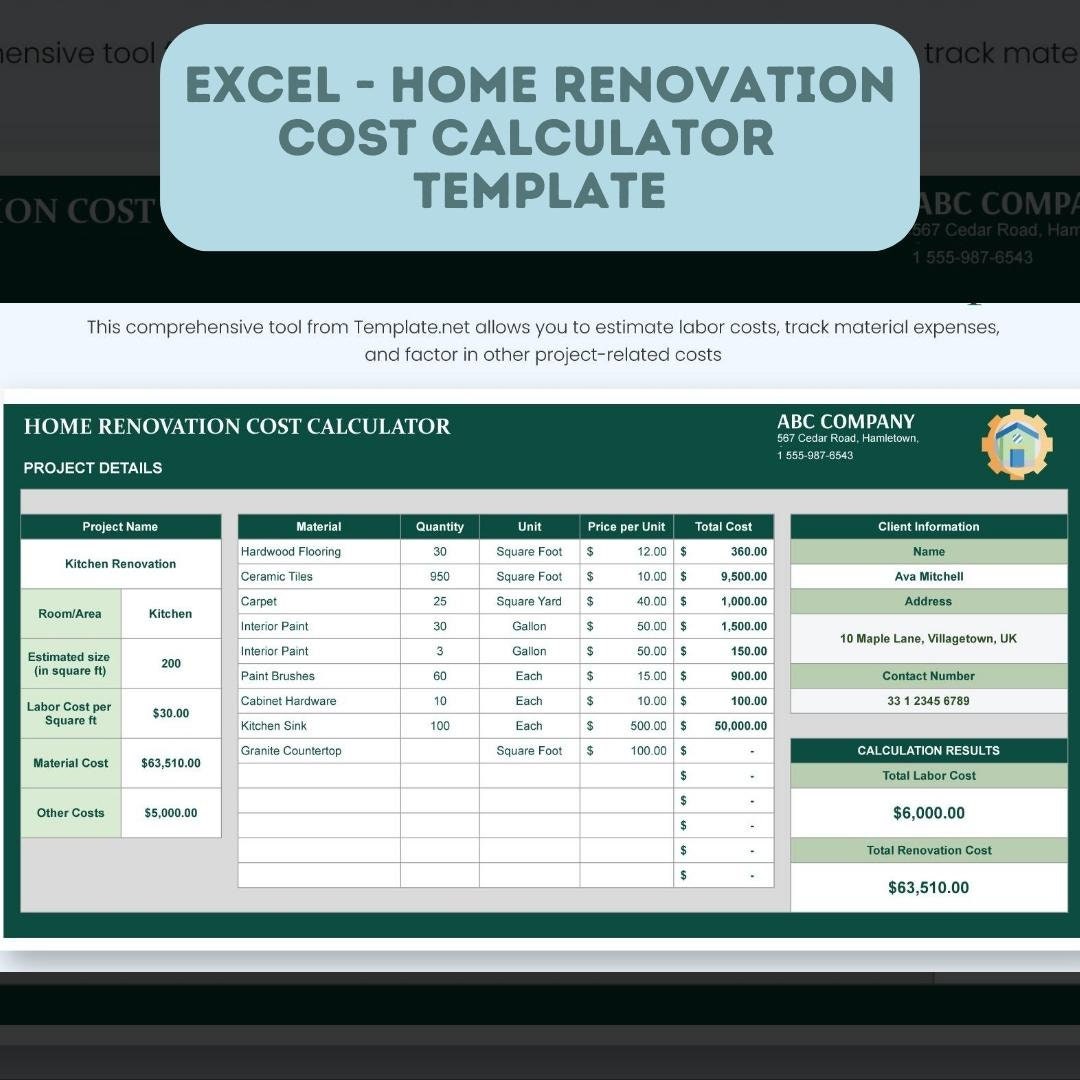 Home Renovation Costs Calculator Template Excel Template Etsy