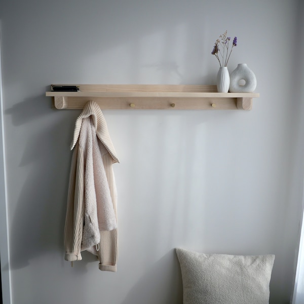 Porte manteau mural - Étagère - Design minimaliste - Frêne massif - Fait à la main