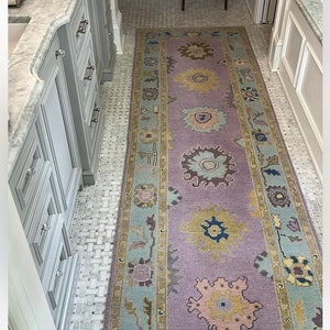 Tappeto runner Oushak vintage 3x10, runner turco color pastello, tappeto in lana anatolica 3x8 per ingresso, runner da corridoio, tappeto da cucina