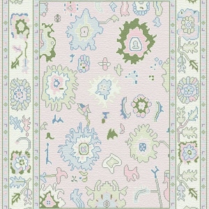 May include: A rectangular rug with a light pink field and a detailed border. The rug features floral and abstract patterns in shades of green, blue, and pink. The border is a lighter shade of pink with floral and geometric designs.