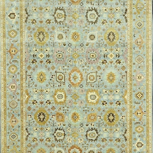 Hand Knotted Sky Blue and Gold Persian Oushak Rug, 6x9, 8x10, 9x12 Traditional Oriental Carpet for Home and Living