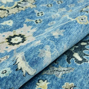 Blue Persian Floral Oushak Rug 5x8 8x10 9x12 Hand Knotted Large Area Rug, Vintage Turkish Carpet for Home and Living