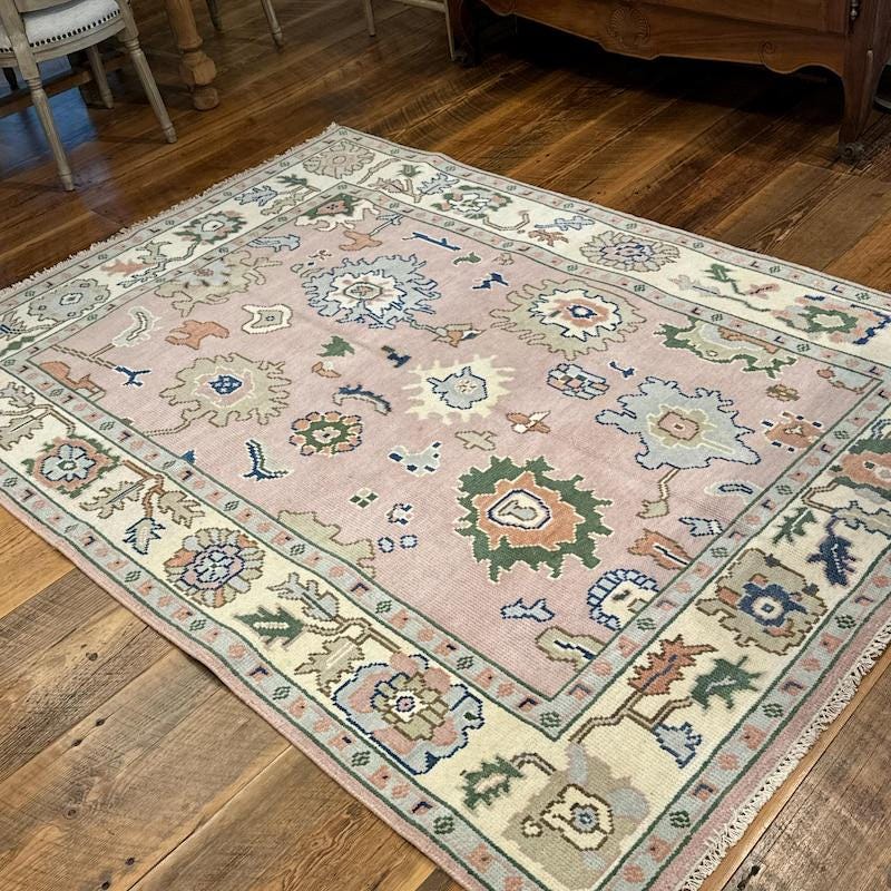Blush Pink Vintage Inspired Oushak Rug 5x7 8x10 9x12 Handmade Turkish Wool Area Rug, Distressed Pastel Floor Decor