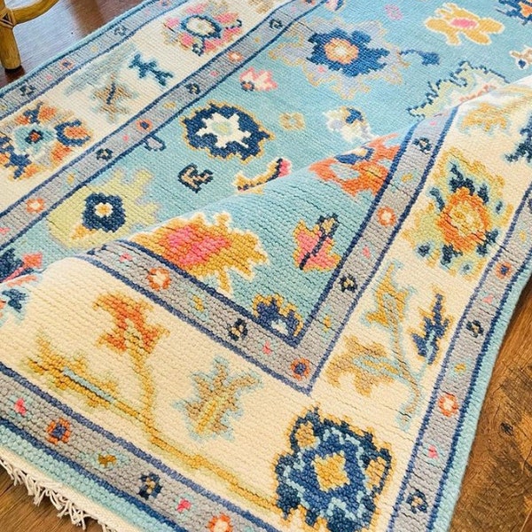 Hand Knotted Colorful Oushak Rug 6x9 8x10 9x12 Turkish Pattern Made with Fine Wool, Floral Design for Living, Dining and Bedroom